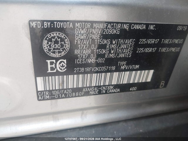 Продажа на аукционе авто 2019 Toyota Rav4 Le, vin: 2T3B1RFV2KC057118, номер лота: 12707087