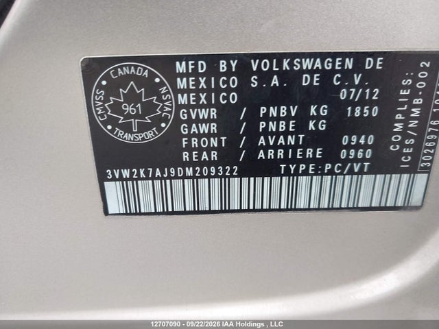 Продажа на аукционе авто 2013 Volkswagen Jetta 2.0l Trendline/2.0l Trendline+, vin: 3VW2K7AJ9DM209322, номер лота: 12707090