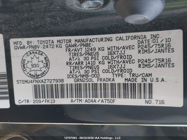 12707093 :رقم المزاد ، 5TEMU4FNXAZ727938 vin ، 2010 Toyota Tacoma Double Cab Long Bed مزاد بيع