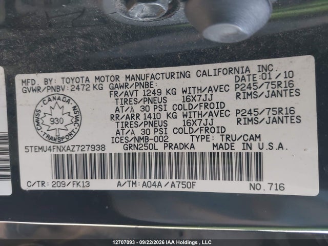12707093 :رقم المزاد ، 5TEMU4FNXAZ727938 vin ، 2010 Toyota Tacoma Double Cab Long Bed مزاد بيع