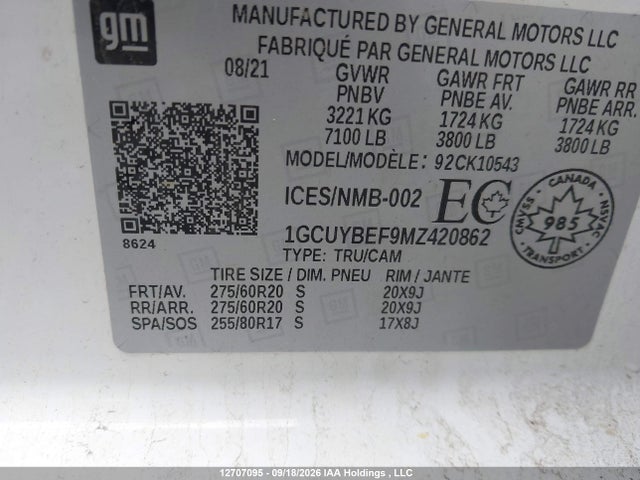 12707095 :رقم المزاد ، 1GCUYBEF9MZ420862 vin ، 2021 Chevrolet Silverado 1500 Custom مزاد بيع