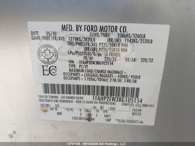 Aukcja sprzedaży 2011 Ford Taurus Sel, vin: 1FAHP2EW3BG105154, numer aukcji: 12707105