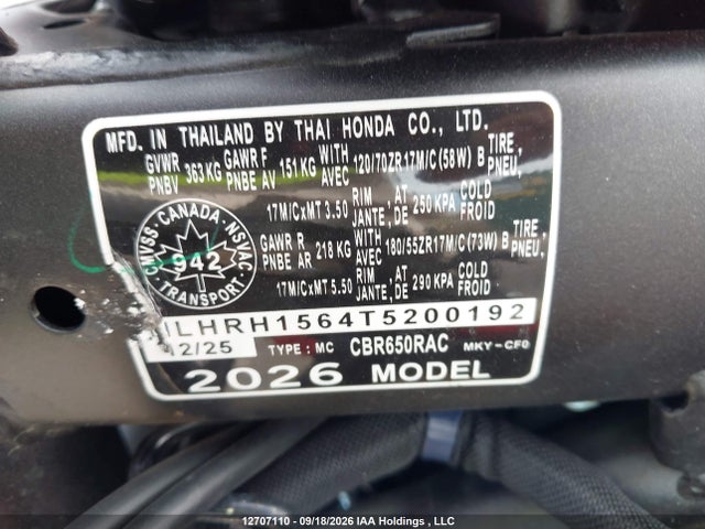 MLHRH1564T5200192 Honda CBR650 R