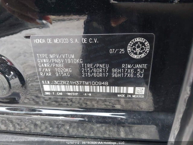 Продажа на аукционе авто 2026 Honda Hr-v, vin: 3CZRZ1H37TM100948, номер лота: 12707112