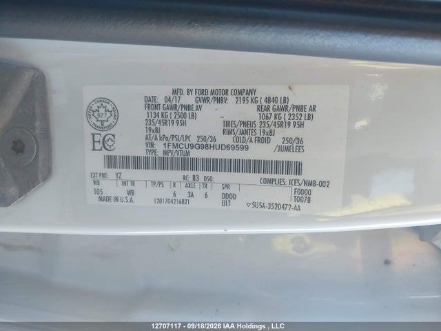Продаж на аукціоні авто 2017 Ford Escape Se, vin: 1FMCU9G98HUD69599, номер лоту: 12707117