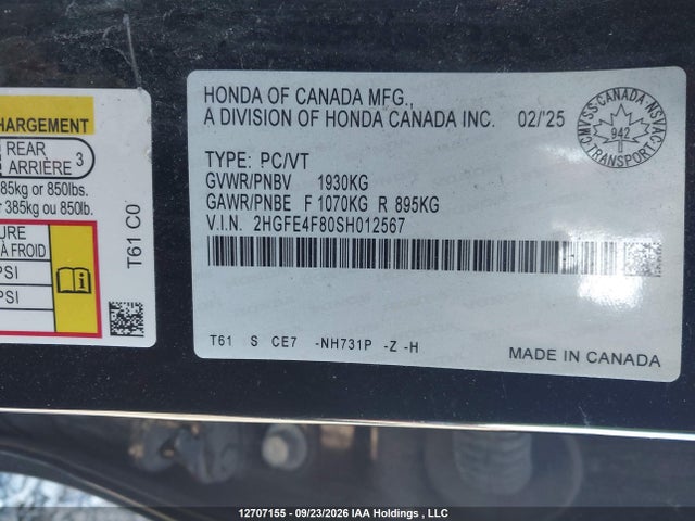 2025 Honda Civic Sport Hybrid/sport Touring Hybrid მანქანა იყიდება აუქციონზე, vin: 2HGFE4F80SH012567, აუქციონის ნომერი: 12707155