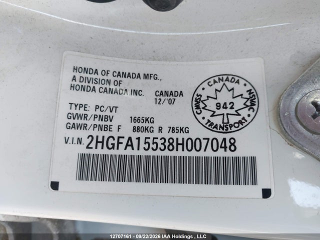 Продажа на аукционе авто 2008 Honda Civic Lx, vin: 2HGFA15538H007048, номер лота: 12707161