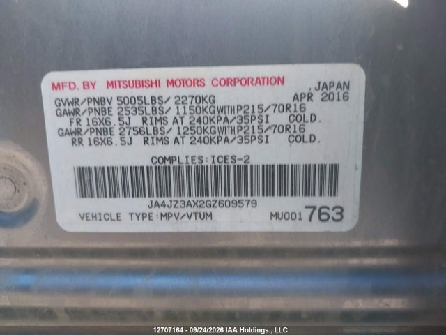 2016 Mitsubishi Outlander Se/sel მანქანა იყიდება აუქციონზე, vin: JA4JZ3AX2GZ609579, აუქციონის ნომერი: 12707164