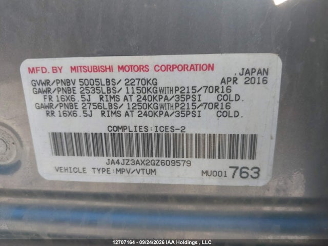 2016 Mitsubishi Outlander Se/sel მანქანა იყიდება აუქციონზე, vin: JA4JZ3AX2GZ609579, აუქციონის ნომერი: 12707164