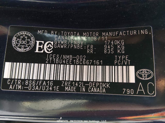 Aukcja sprzedaży 2011 Toyota Corolla S/le, vin: 2T1BU4EE1BC667161, numer aukcji: 12707175