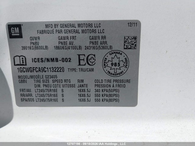 2012 Chevrolet Express G2500 მანქანა იყიდება აუქციონზე, vin: 1GCWGFCA9C1132220, აუქციონის ნომერი: 12707198