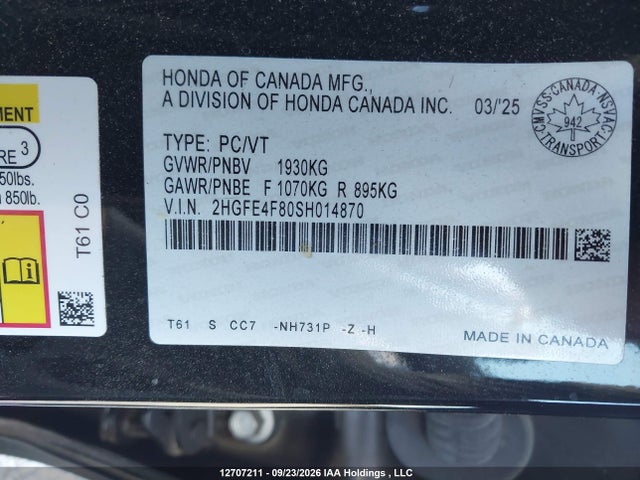 Aukcja sprzedaży 2025 Honda Civic Sport Hybrid/sport Touring Hybrid, vin: 2HGFE4F80SH014870, numer aukcji: 12707211