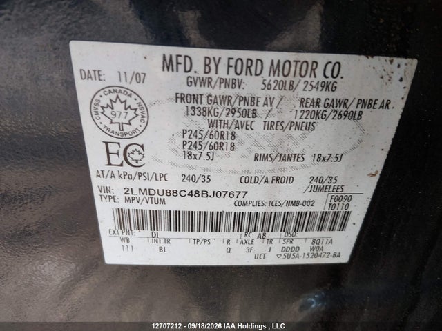 Aukcja sprzedaży 2008 Lincoln Mkx Awd, vin: 2LMDU88C48BJ07677, numer aukcji: 12707212