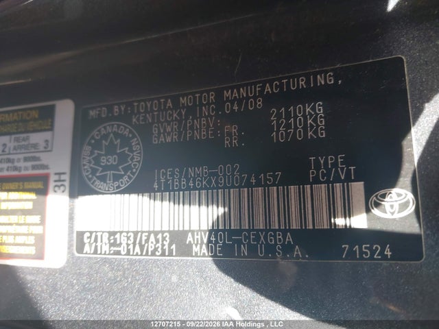 Aukcja sprzedaży 2009 Toyota Camry, vin: 4T1BB46KX9U074157, numer aukcji: 12707215