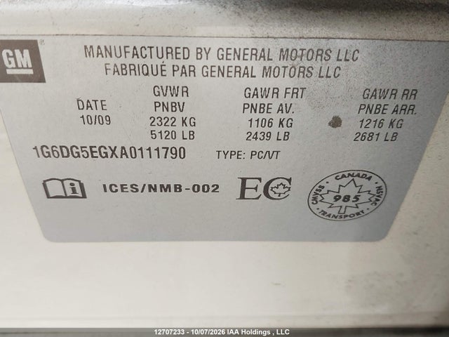 12707233 :رقم المزاد ، 1G6DG5EGXA0111790 vin ، 2010 Cadillac Cts Luxury Collection مزاد بيع