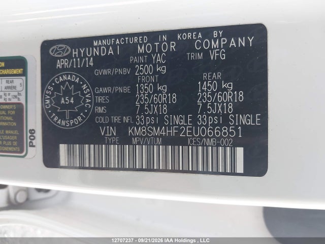 Auction sale of the 2014 Hyundai Santa Fe Gls/limited, vin: KM8SM4HF2EU066851, lot number: 12707237