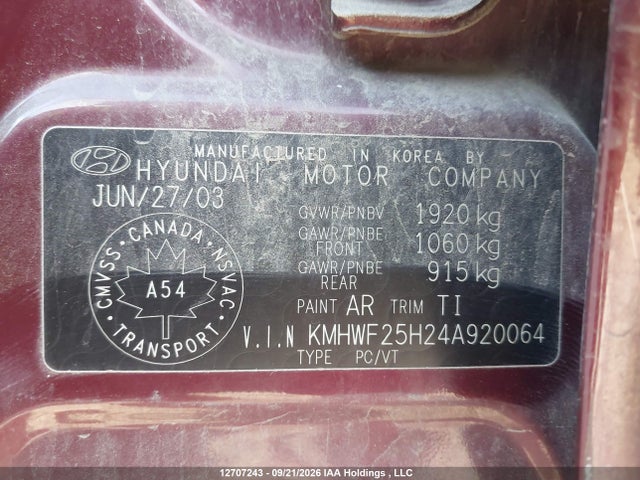 12707243 :رقم المزاد ، KMHWF25H24A920064 vin ، 2004 Hyundai Sonata Gl V6 مزاد بيع