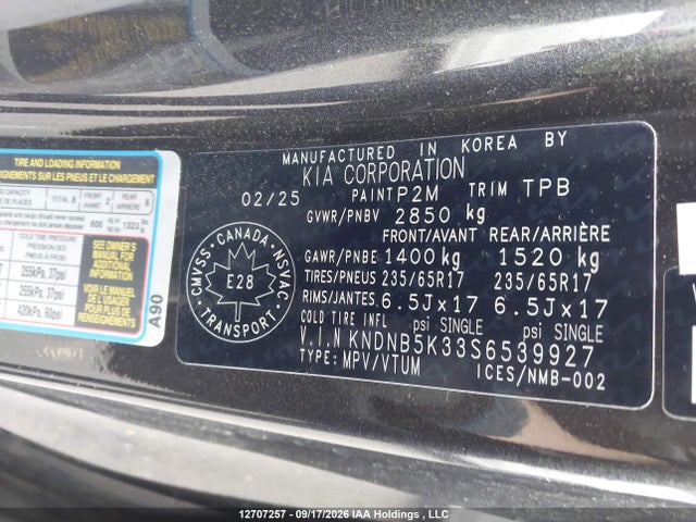 Продажа на аукционе авто 2025 Kia Carnival Lx/lxs, vin: KNDNB5K33S6539927, номер лота: 12707257