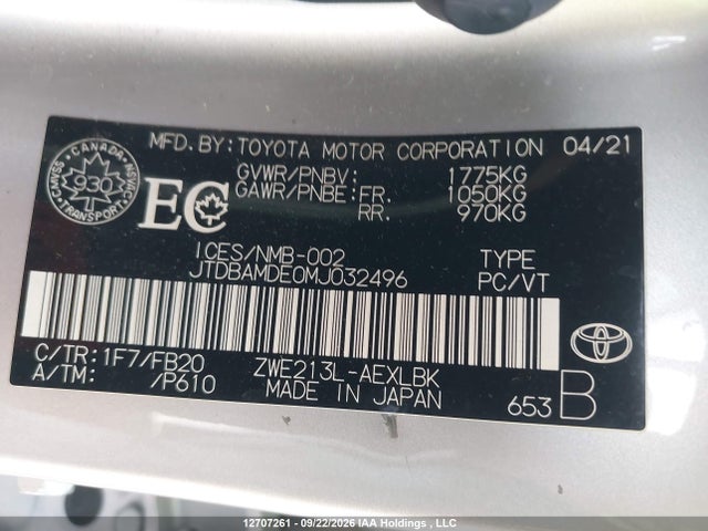 Toyota Corolla Hybrid 2021 JTDBAMDE0MJ032496 Image 21