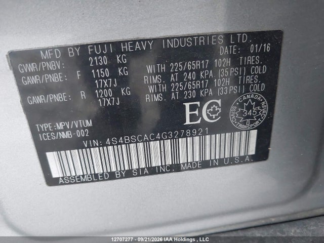2016 Subaru Outback 2.5i მანქანა იყიდება აუქციონზე, vin: 4S4BSCAC4G3278921, აუქციონის ნომერი: 12707277
