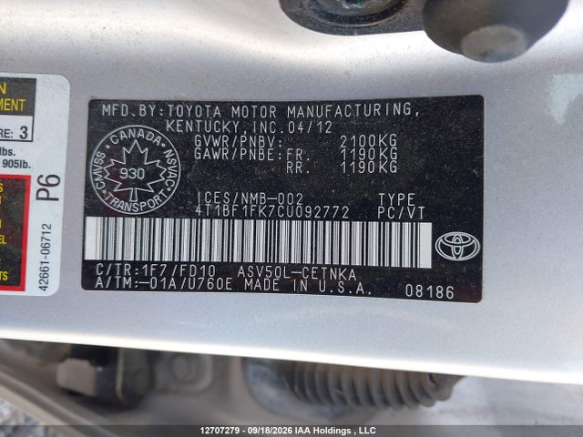Aukcja sprzedaży 2012 Toyota Camry Se/le/xle, vin: 4T1BF1FK7CU092772, numer aukcji: 12707279