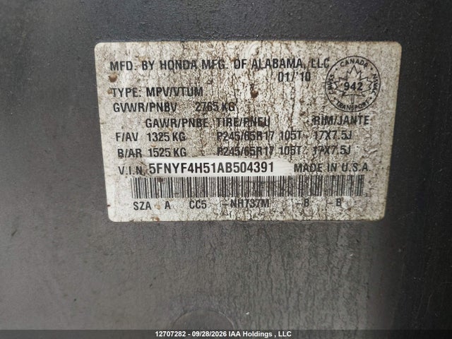 Aukcja sprzedaży 2010 Honda Pilot Exl, vin: 5FNYF4H51AB504391, numer aukcji: 12707282