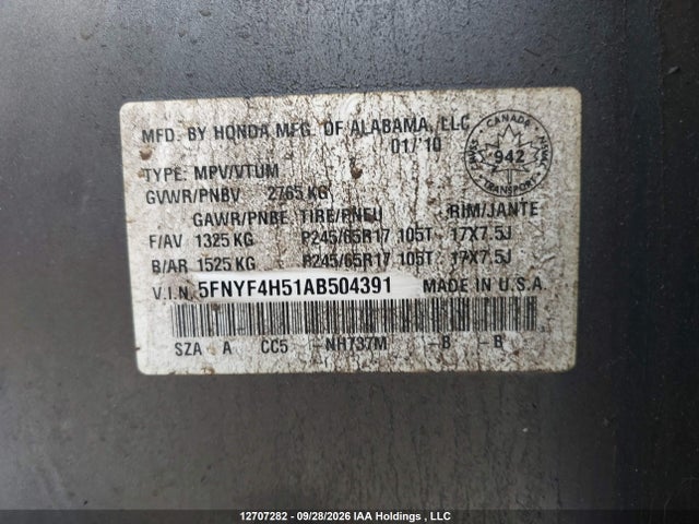 Aukcja sprzedaży 2010 Honda Pilot Exl, vin: 5FNYF4H51AB504391, numer aukcji: 12707282