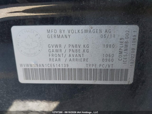 Продажа на аукционе авто 2012 Volkswagen Cc Sportline, vin: WVWMN9AN1CE514139, номер лота: 12707288