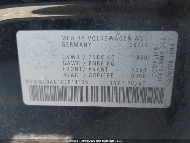 Продажа на аукционе авто 2012 Volkswagen Cc Sportline, vin: WVWMN9AN1CE514139, номер лота: 12707288