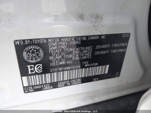 12707306 :رقم المزاد ، 2T3Z1RFV6NW195584 vin ، 2022 Toyota Rav4 Le مزاد بيع