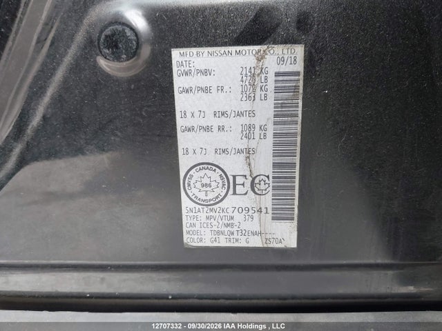 12707332 :رقم المزاد ، 5N1AT2MV2KC709541 vin ، 2019 Nissan Rogue S/sl/sv مزاد بيع