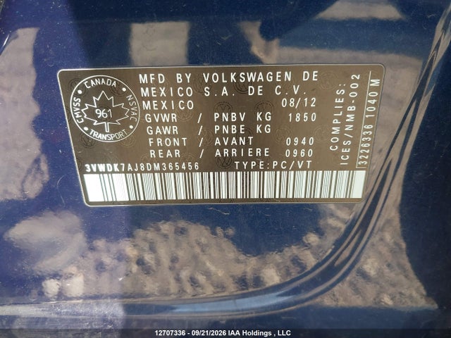 12707336 :رقم المزاد ، 3VWDK7AJ8DM365456 vin ، 2013 Volkswagen Jetta Se مزاد بيع