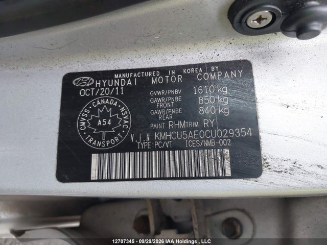 Aukcja sprzedaży 2012 Hyundai Accent Gls, vin: KMHCU5AE0CU029354, numer aukcji: 12707345