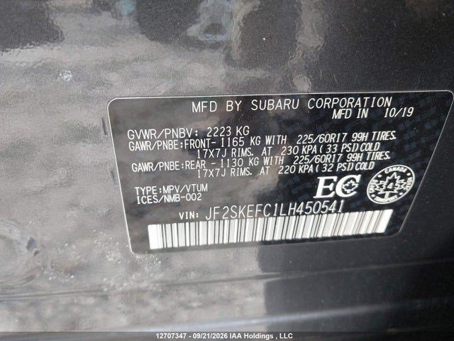 12707347 :رقم المزاد ، JF2SKEFC1LH450541 vin ، 2020 Subaru Forester Convenience مزاد بيع