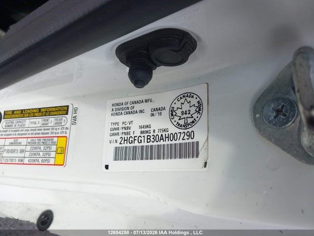 12654258 :رقم المزاد ، 2HGFG1B30AH007290 vin ، 2010 Honda Civic Dx-g مزاد بيع