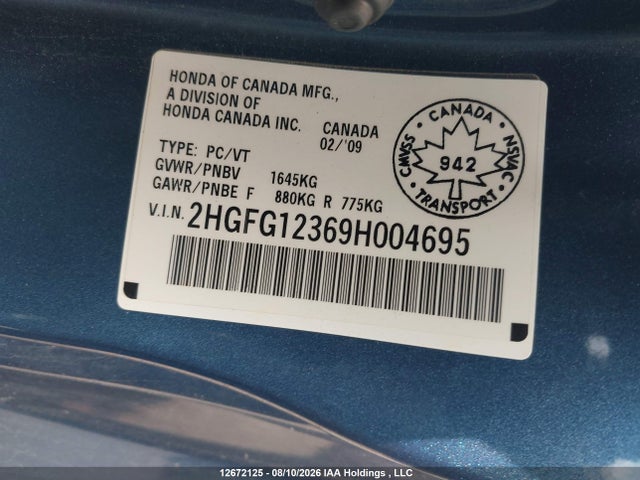 Продаж на аукціоні авто 2009 Honda Civic Dx-g, vin: 2HGFG12369H004695, номер лоту: 12672125