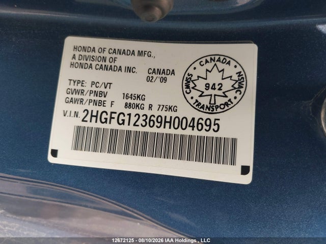 Продаж на аукціоні авто 2009 Honda Civic Dx-g, vin: 2HGFG12369H004695, номер лоту: 12672125