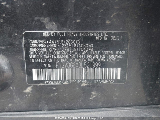 12684893 :رقم المزاد ، JF1GV8G6XBL521999 vin ، 2011 Subaru Impreza Wrx Sti مزاد بيع