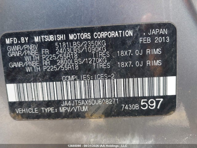 Aukcja sprzedaży 2013 Mitsubishi Outlander Xls, vin: JA4JT5AX5DU608271, numer aukcji: 12685098