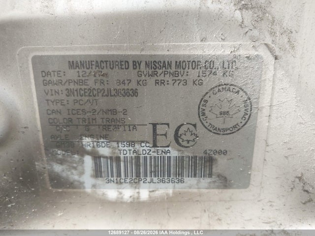 12689127 :رقم المزاد ، 3N1CE2CP2JL363636 vin ، 2018 Nissan Versa Note 1.6 S/1.6 Sr/1.6 Sv مزاد بيع