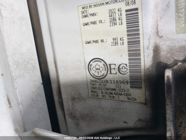 12693754 :رقم المزاد ، 1N4BL21E39C118969 vin ، 2009 Nissan Altima 3.5 Sl مزاد بيع