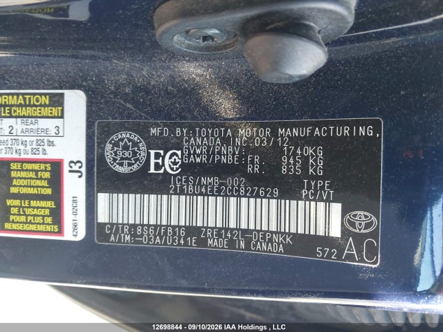 Продажа на аукционе авто 2012 Toyota Corolla Le, vin: 2T1BU4EE2CC827629, номер лота: 12698844
