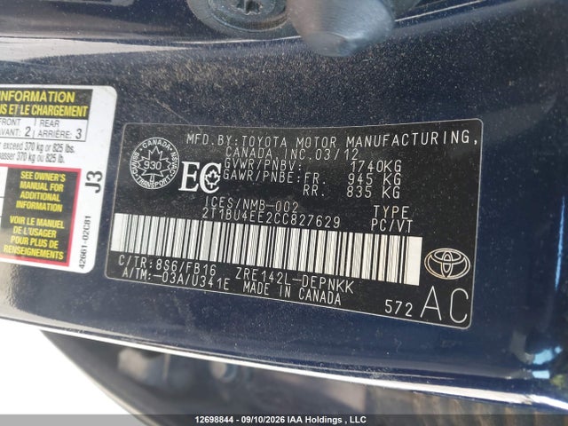 Продажа на аукционе авто 2012 Toyota Corolla Le, vin: 2T1BU4EE2CC827629, номер лота: 12698844