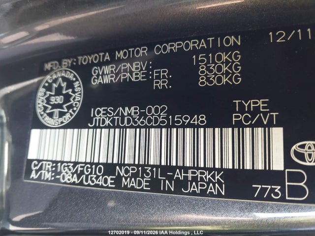 Продажа на аукционе авто 2012 Toyota Yaris Le, vin: JTDKTUD36CD515948, номер лота: 12702019