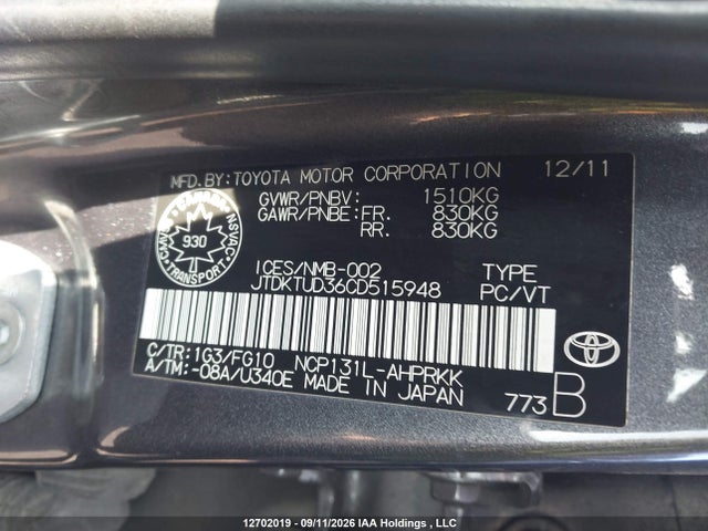 Продажа на аукционе авто 2012 Toyota Yaris Le, vin: JTDKTUD36CD515948, номер лота: 12702019