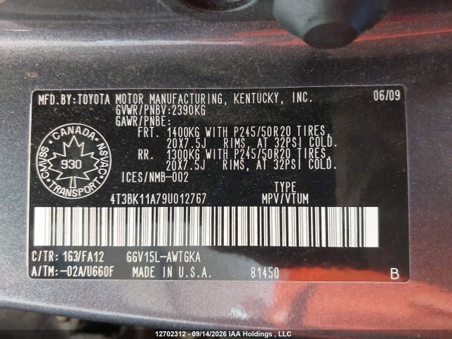 Продажа на аукционе авто 2009 Toyota Venza Base V6, vin: 4T3BK11A79U012767, номер лота: 12702312