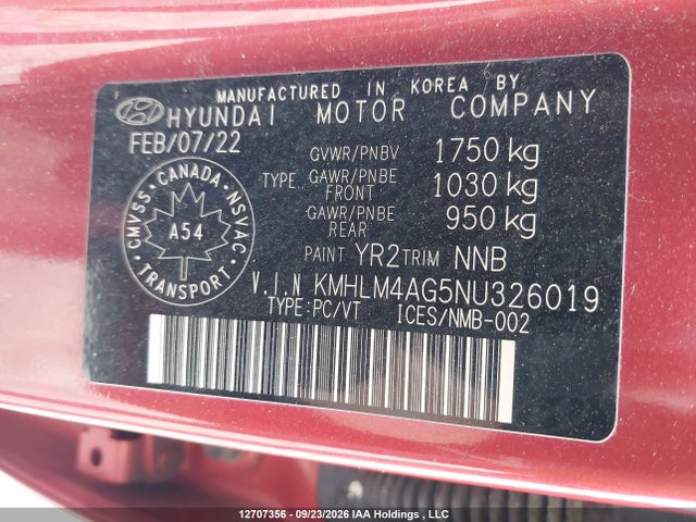 12707356 :رقم المزاد ، KMHLM4AG5NU326019 vin ، 2022 Hyundai Elantra Preferred Ivt مزاد بيع