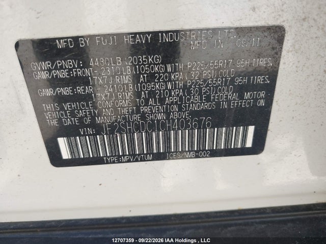 12707359 :رقم المزاد ، JF2SHCDC1CH403676 vin ، 2012 Subaru Forester مزاد بيع