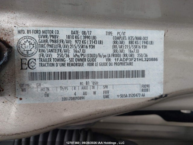 2017 Ford Focus მანქანა იყიდება აუქციონზე, vin: 1FADP3F21HL320886, აუქციონის ნომერი: 12707360
