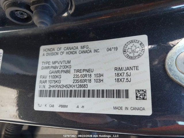 Aukcja sprzedaży 2019 Honda Cr-v Ex, vin: 2HKRW2H52KH128683, numer aukcji: 12707362
